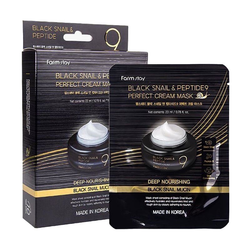 Кремова маска для обличчя FarmStay Black Snail &amp; Peptides 9 Prefect Cream Mask з екстрактом муцина чорного равлика та пептидом, 10*23 мл